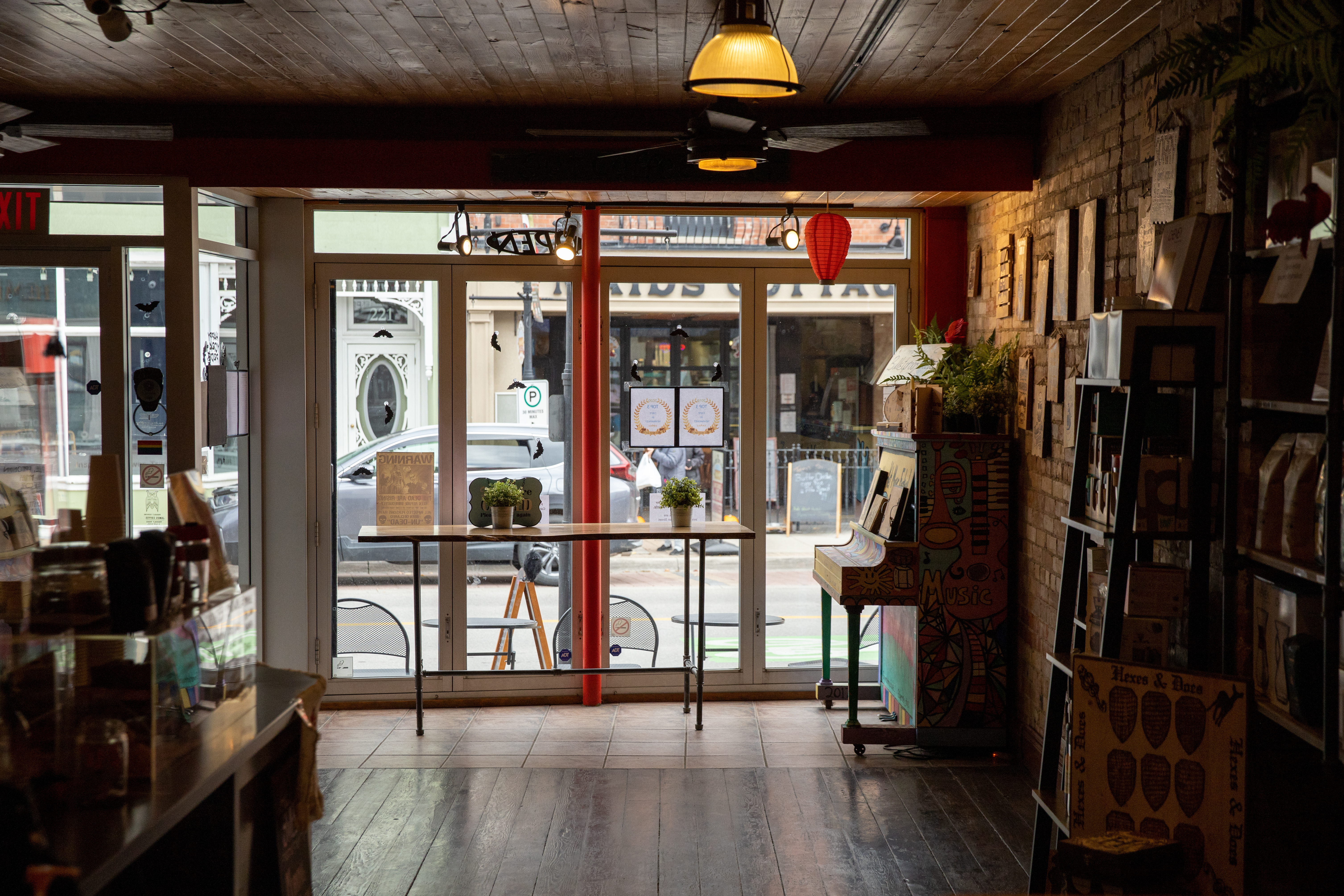 an image inside a local Newmarket business, looking out onto the Main Street.