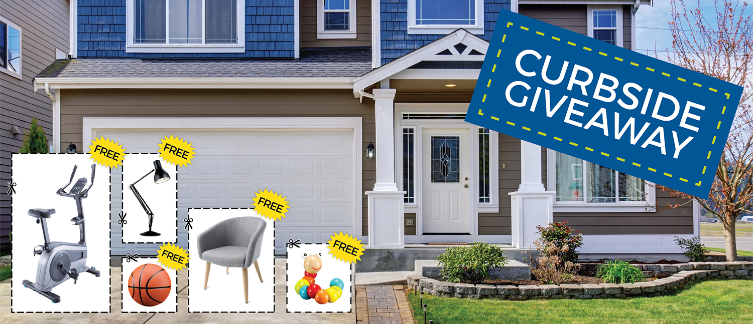 image of a house that says curbside giveaway with various household items with labels saying free